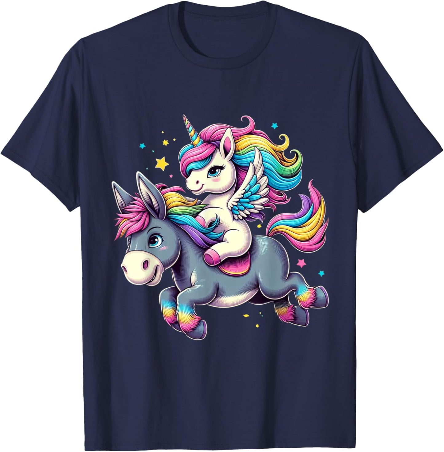 Unicorn Riding Donkey Boys Girls Men Women Kids Rainbow T-Shirt - T-Shirt | Navy