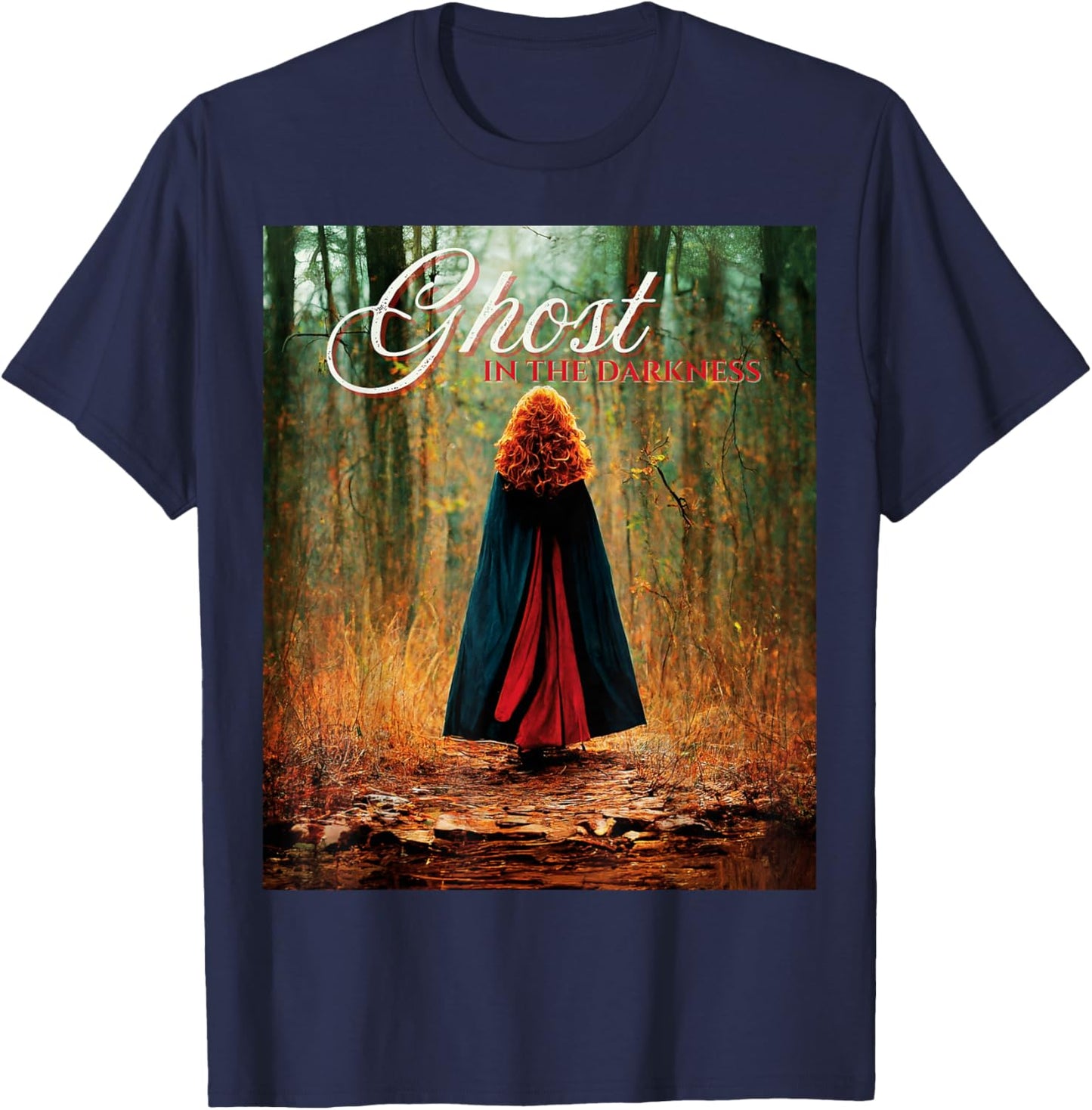 Ghost in the Darkness Halloween Graphic , -Adults, Black, Small, Short Sleeve, Classic Fit T-Shirt - T-Shirt | Navy