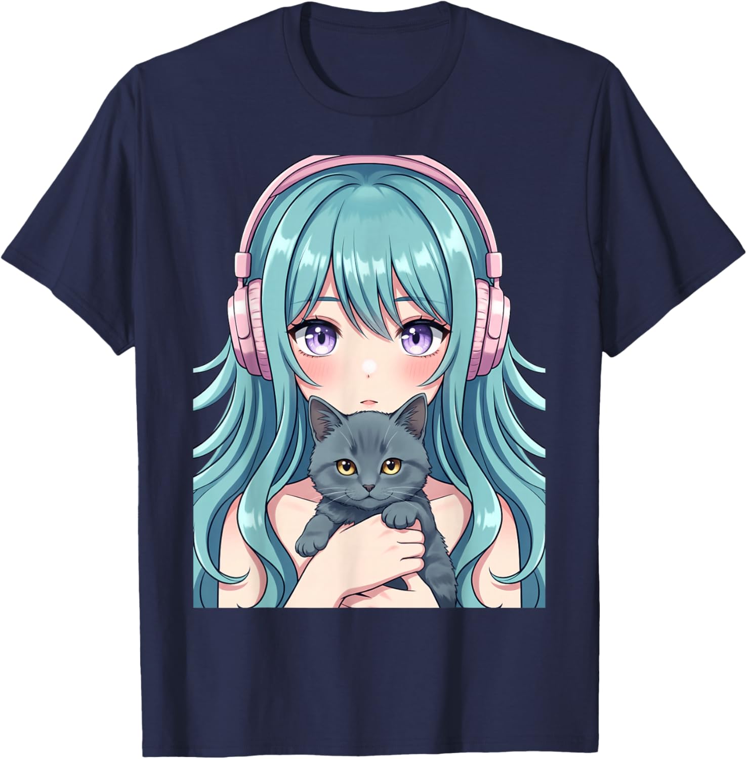 Kawaii Anime Girl Holding Kitten Cute Cat Illustration T-Shirt - T-Shirt | Navy