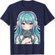 Kawaii Anime Girl Holding Kitten Cute Cat Illustration T-Shirt - T-Shirt | Navy
