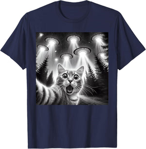 Cat Selfie With Alien UFO Funny Cat Gifts Women Kids T-Shirt - T-Shirt | Navy
