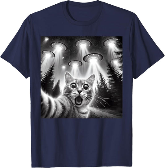 Cat Selfie With Alien UFO Funny Cat Gifts Women Kids T-Shirt - T-Shirt | Navy
