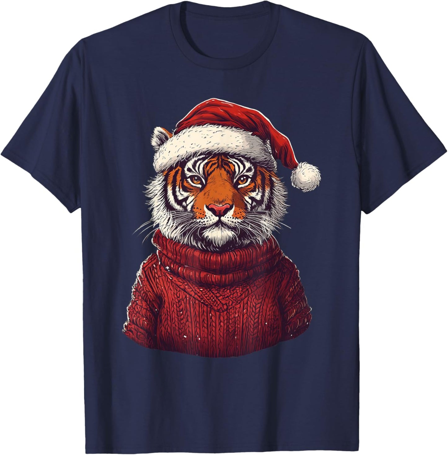 Tiger Ugly Sweater Santa Hat Christmas T-Shirt - T-Shirt | Navy