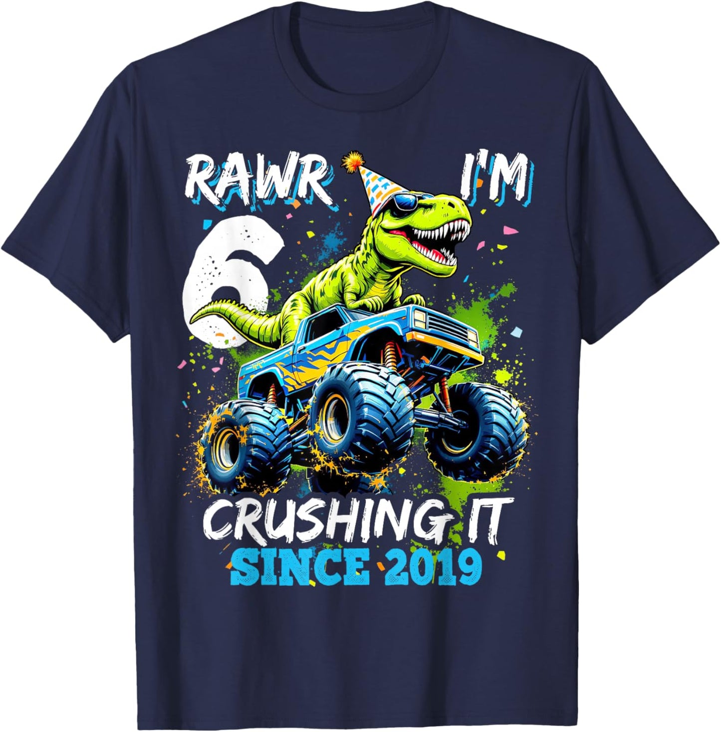 6th Birthday Monster Truck Dinosaur Party Boys Rawr I'm 6 T-Shirt - T-Shirt | Navy