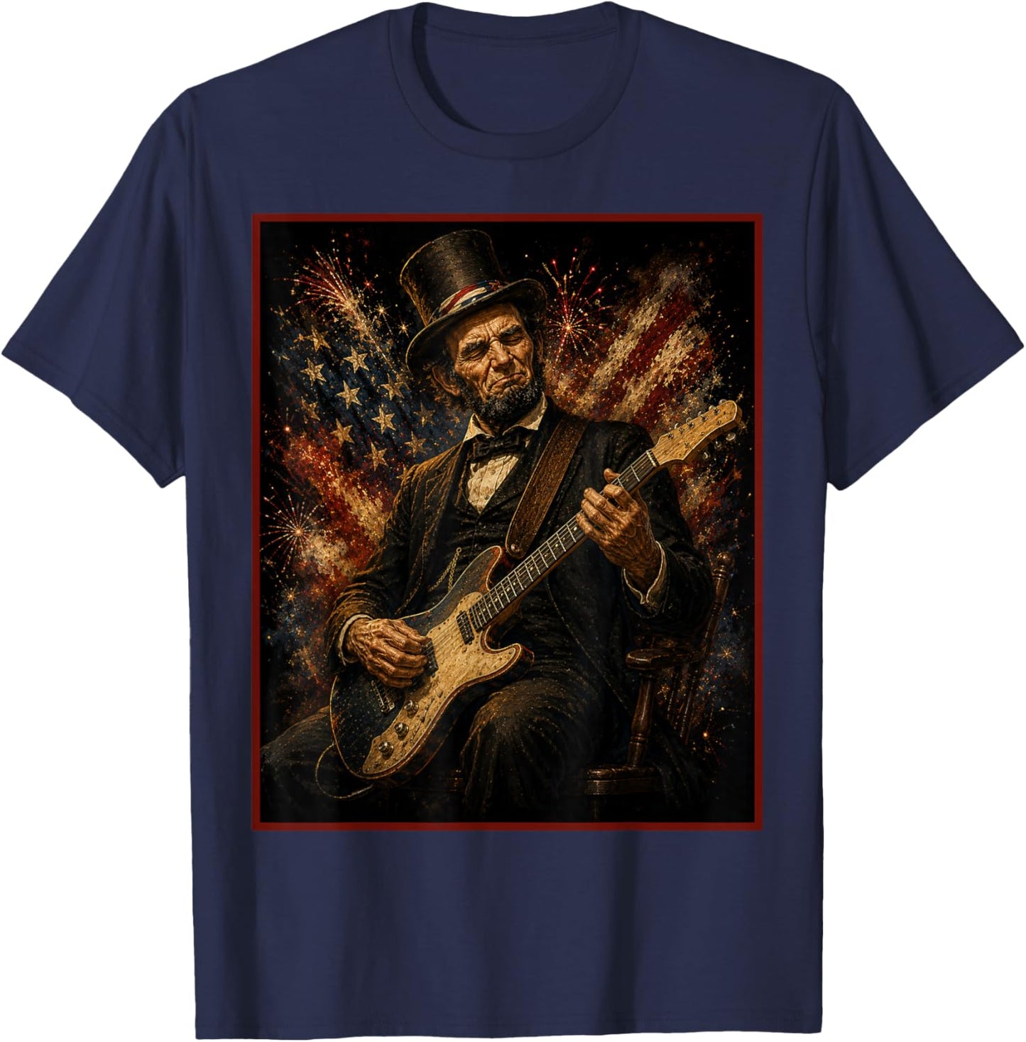 4th July Abraham Lincoln Guitar Poster T-Shirt - T-Shirt | Navy