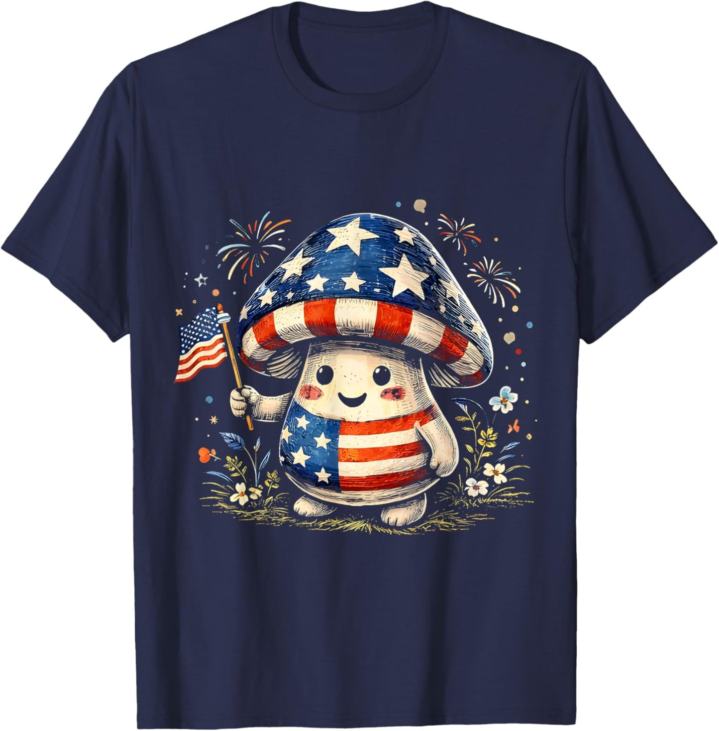 Fourth of July Patriotic American Flag Mushrooms T-Shirt - T-Shirt | Navy