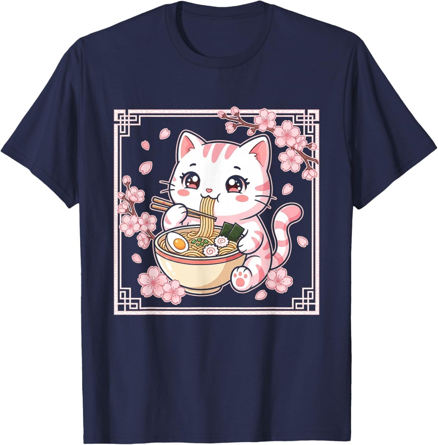 Kawaii Cat Ramen Anime Japanese Cherry Blossom Women Girls T-Shirt - T-Shirt | Navy