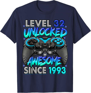 Level 32 Unlocked Awesome Since 1993 32nd Birthday Gaming T-Shirt - T-Shirt | Navy