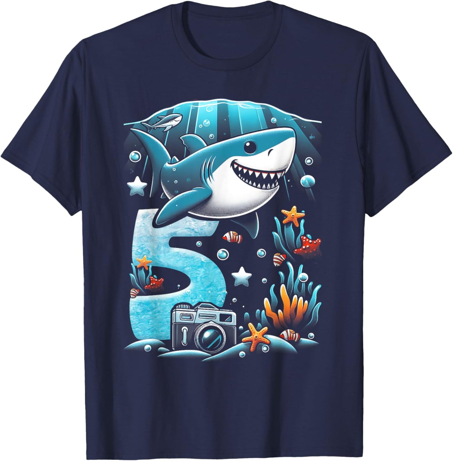 Shark 5th Birthday Under Sea 5 Year Old Birthday Party Theme T-Shirt - T-Shirt | Navy