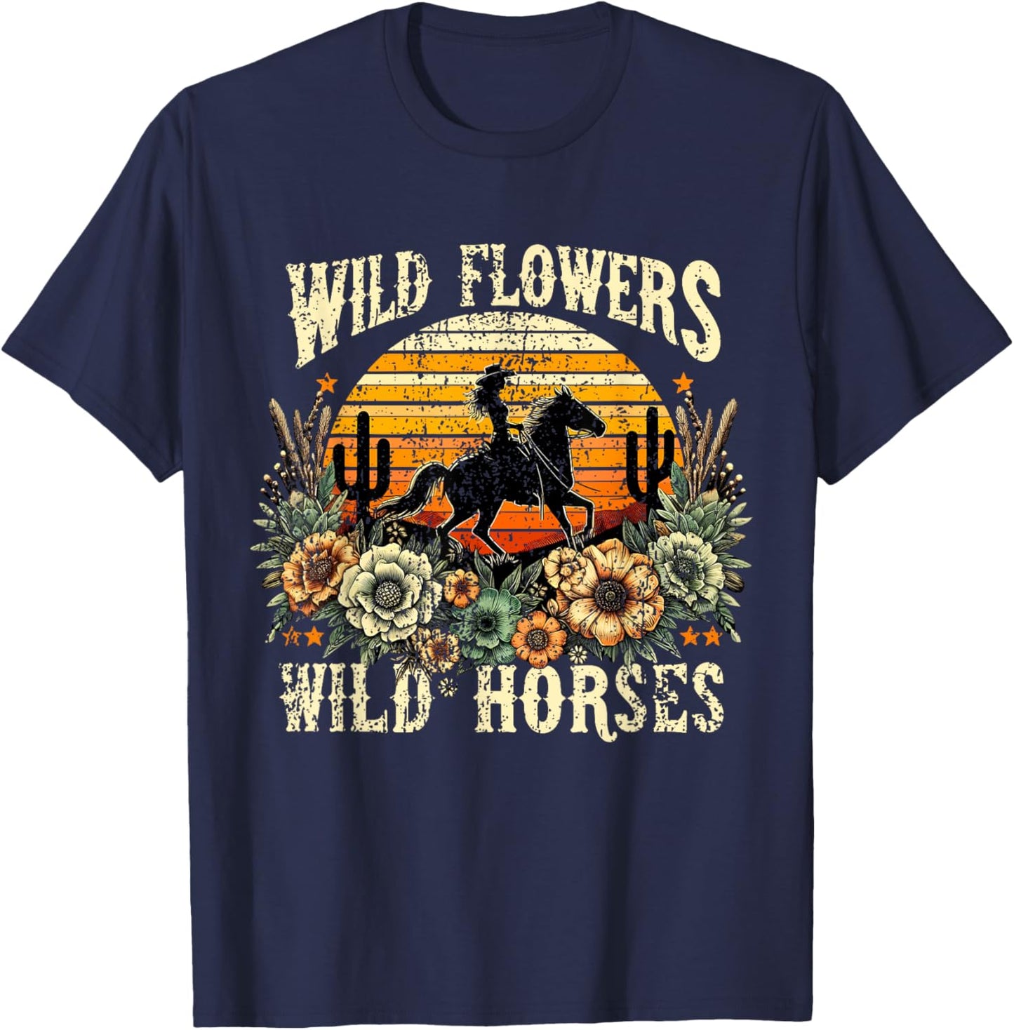 Retro Cowgirl Wild Flowers - Wild Horses Vintage Style T-Shirt - T-Shirt | Navy