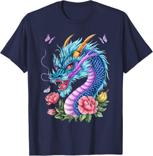 Watercolor Dragon Flowers Beautiful Art Colorful Graphic T-Shirt - T-Shirt | Navy