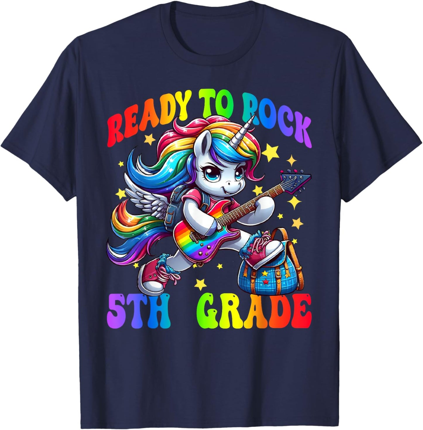 Unicorn Ready To Rock 5th Grade Back To School Rainbow T-Shirt - T-Shirt | Navy