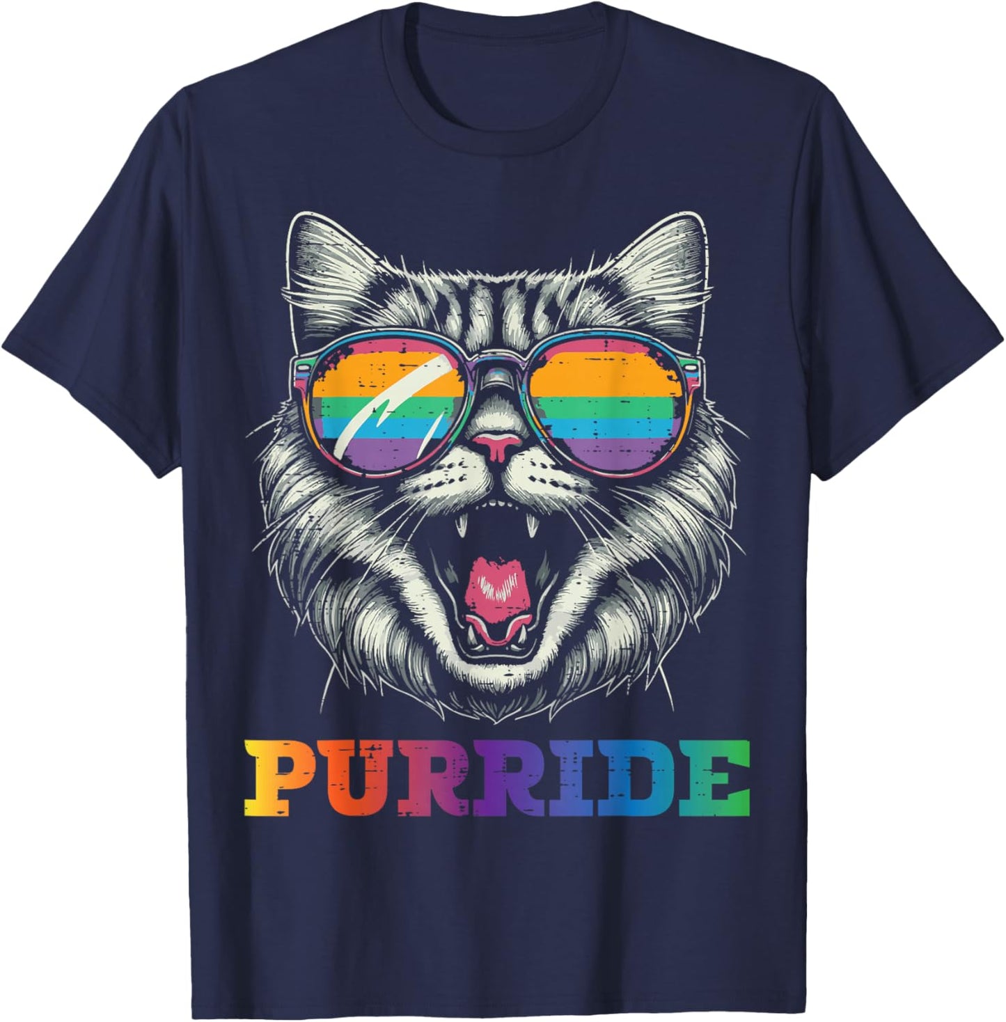 Gay Pride Month Purride Cat LGBTQ Ally Rainbow Men Women T-Shirt - T-Shirt | Navy