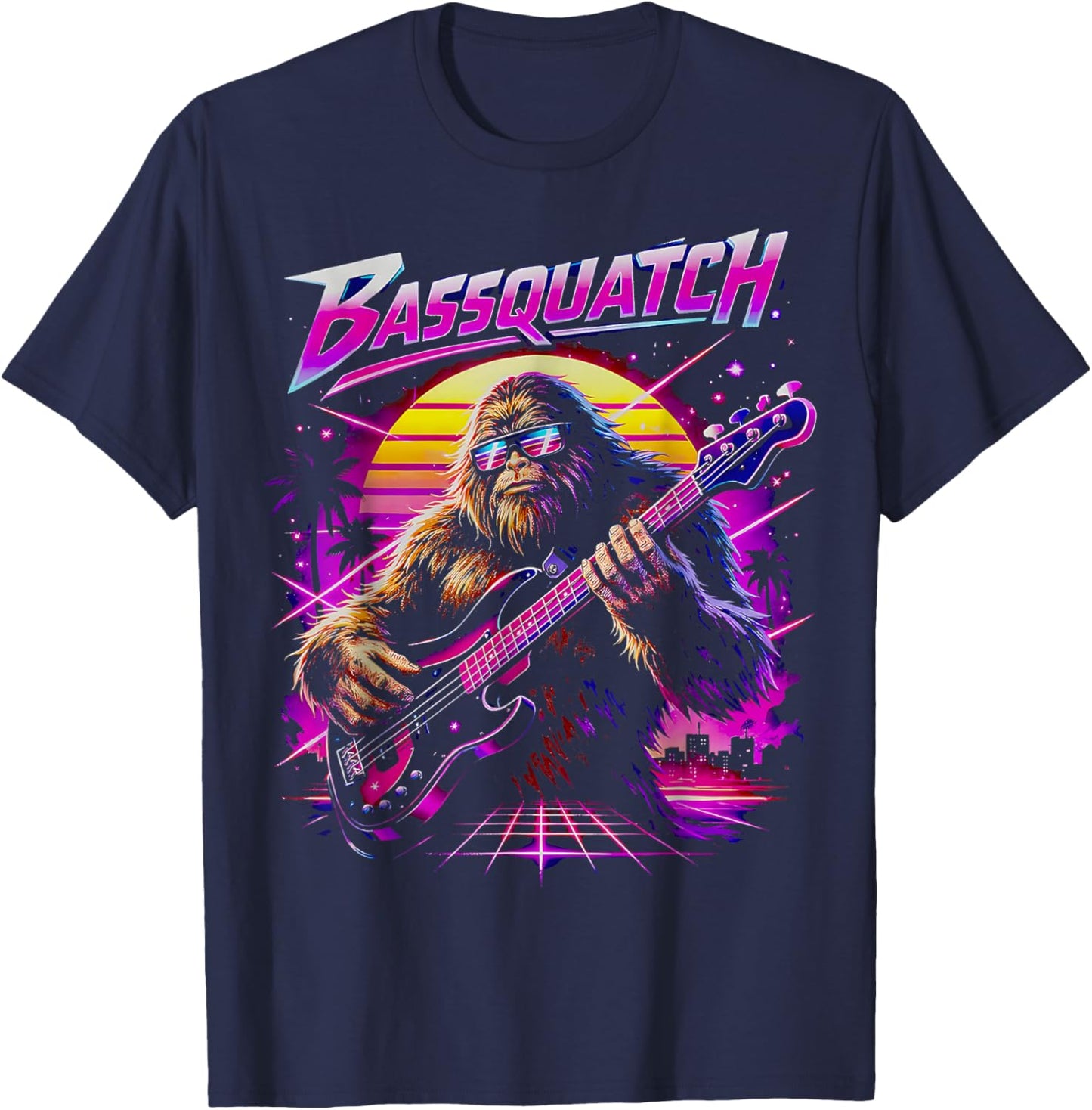 Vintage Bassquatch! Funny Bigfoot Bass Guitar 90s T-Shirt - T-Shirt | Navy