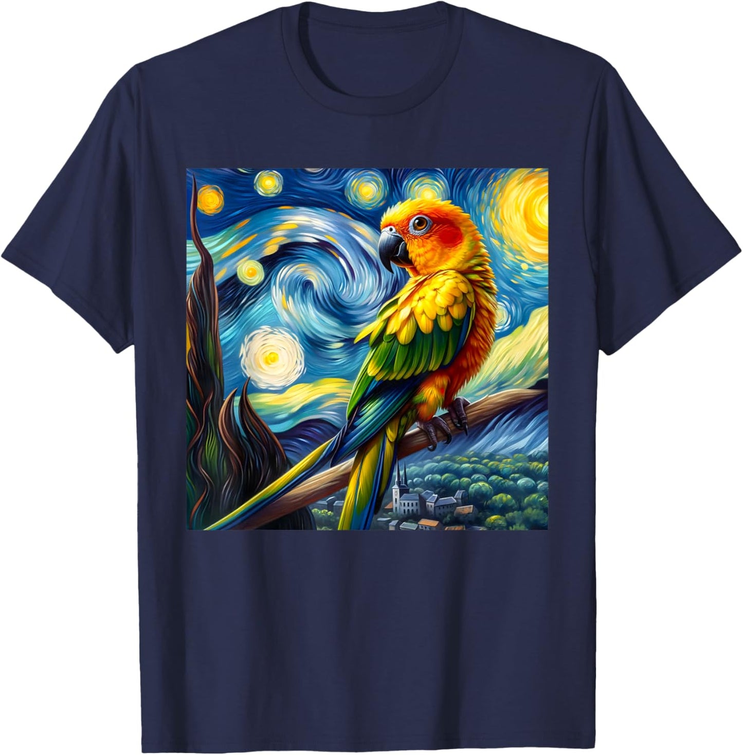 Sun Conure Mom Starry Night Sky Art Van Gogh Bird Parrot T-Shirt - T-Shirt | Navy