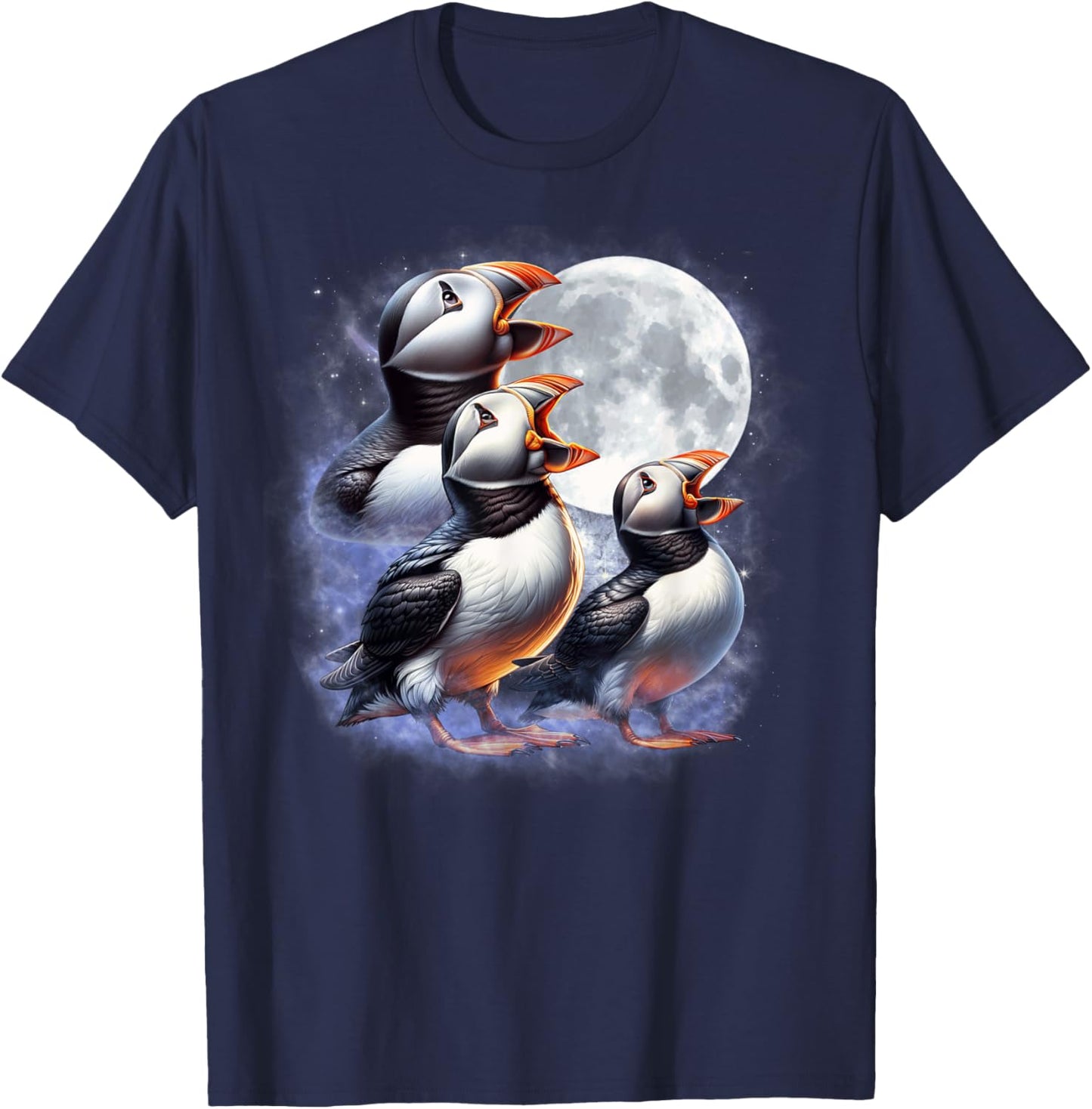 Three Puffins Moon Funny Puffin Howling Wolfs Moon Parody T-Shirt - T-Shirt | Navy