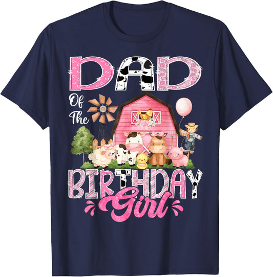 Dad Of The Birthday Girl Pink Farm Cow First Birthday T-Shirt - T-Shirt | Navy