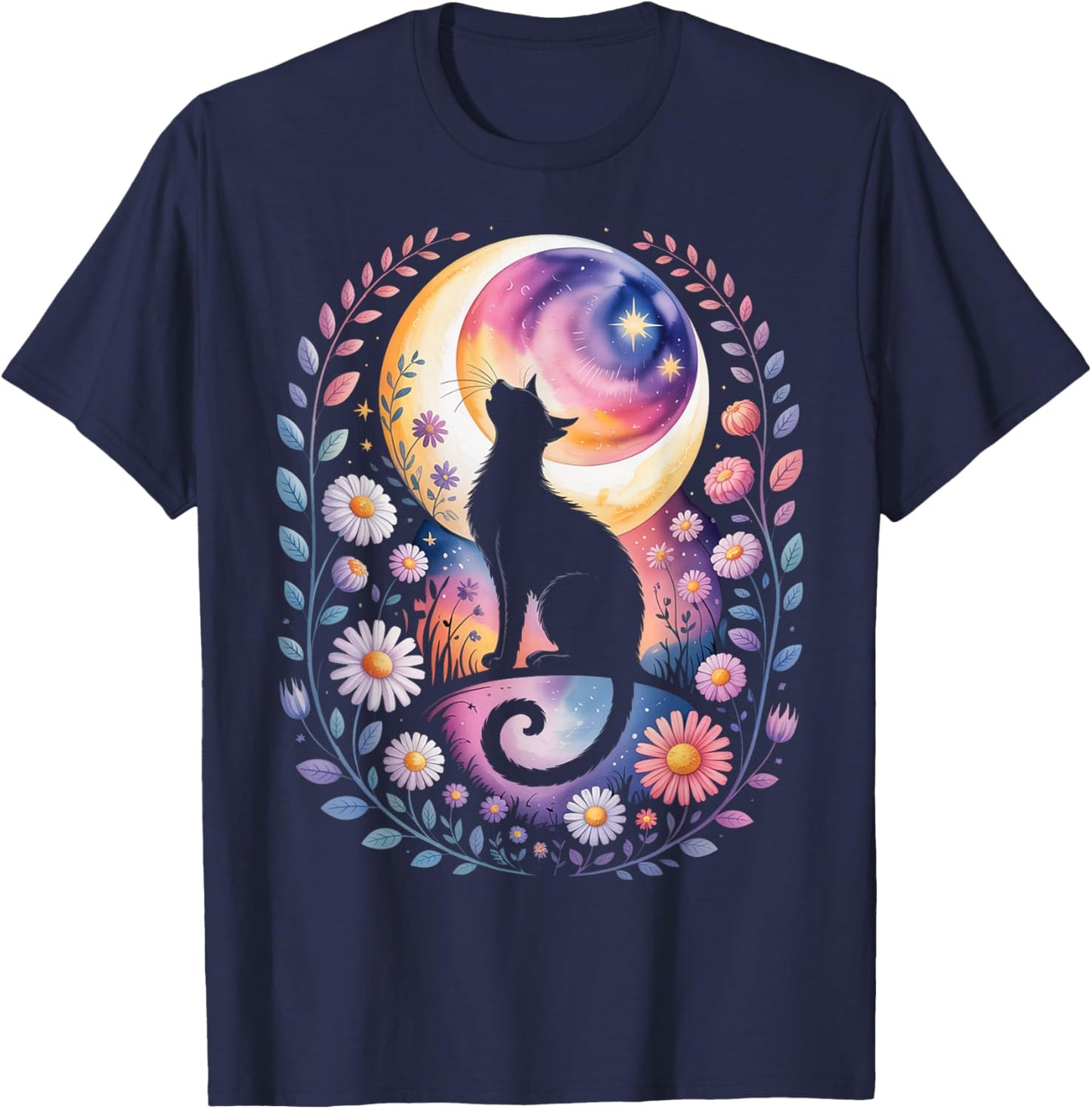 Mystic Moon Cat with Stars - Witchy Halloween Celestial Art T-Shirt - T-Shirt | Navy