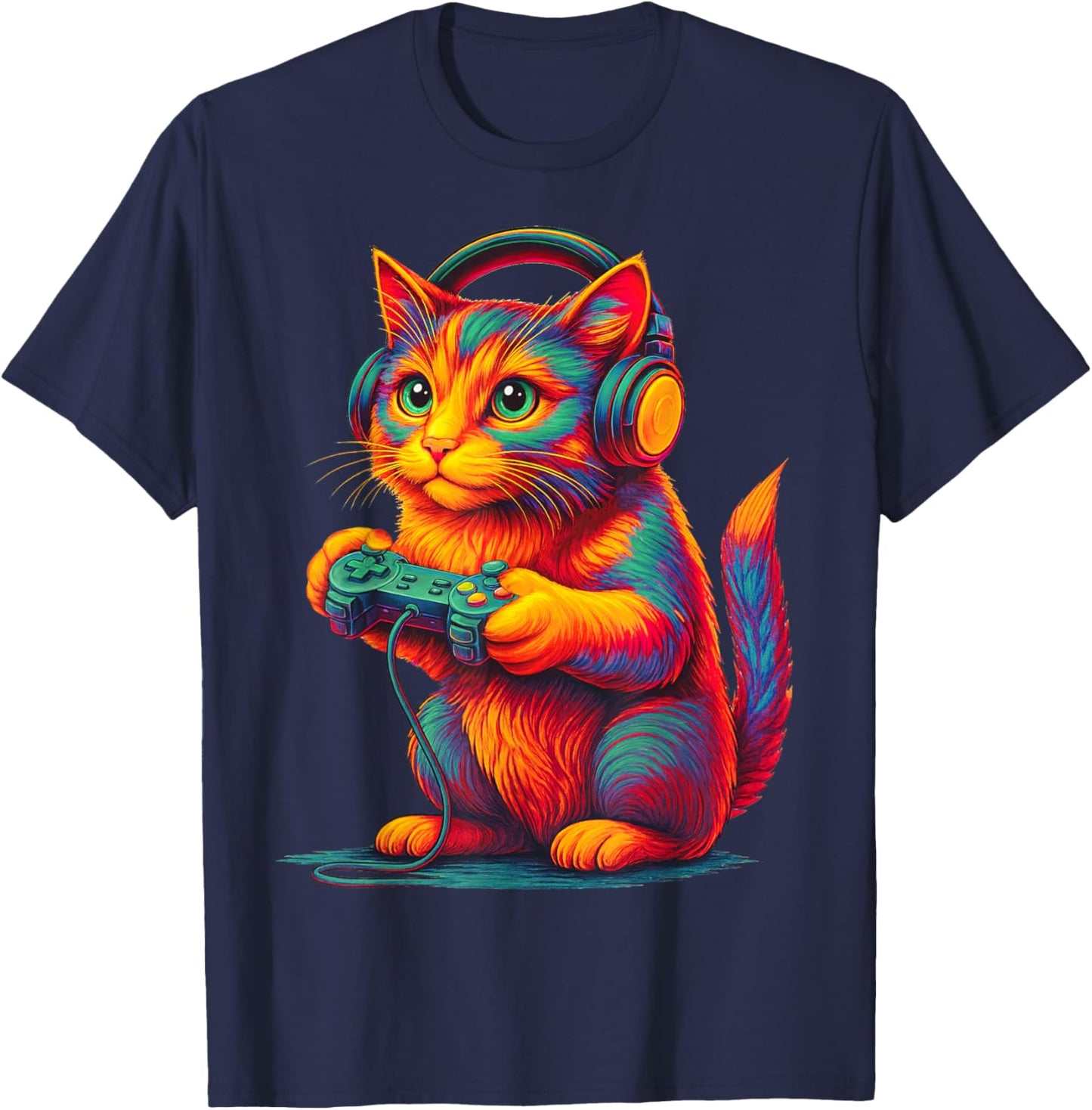 Cat Gamer Funny Video Games Gamer Cat Funny Gaming T-Shirt - T-Shirt | Navy