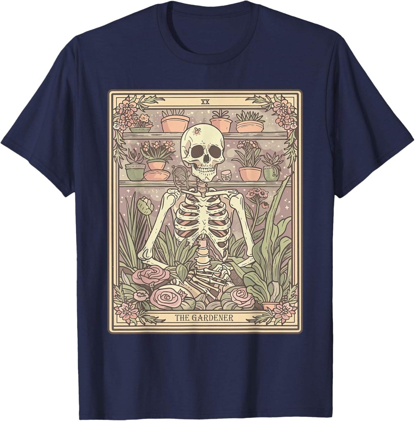 The Gardener Tarot Card Skeleton Plant Floral Gardening T-Shirt - T-Shirt | Navy