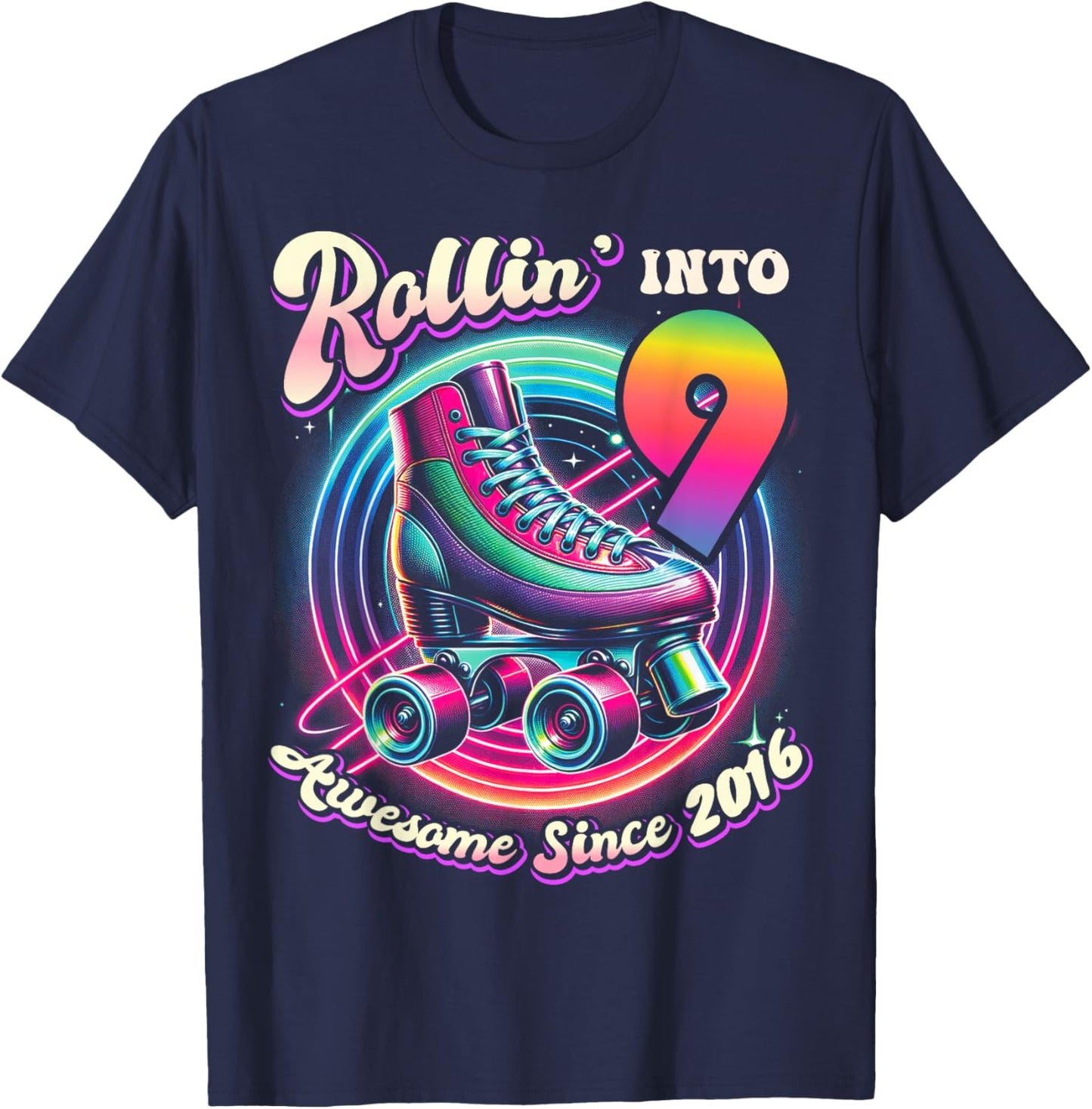 Birthday Roller Skating 9th Girls Rollin into 9 Skate Party T-Shirt - T-Shirt | Navy