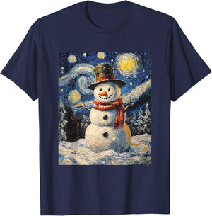 Snowman - Van Gogh Style - Starry Night - Funny Graphic T-Shirt - T-Shirt | Navy