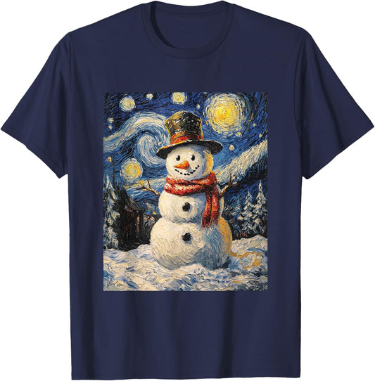 Snowman - Van Gogh Style - Starry Night - Funny Graphic T-Shirt - T-Shirt | Navy
