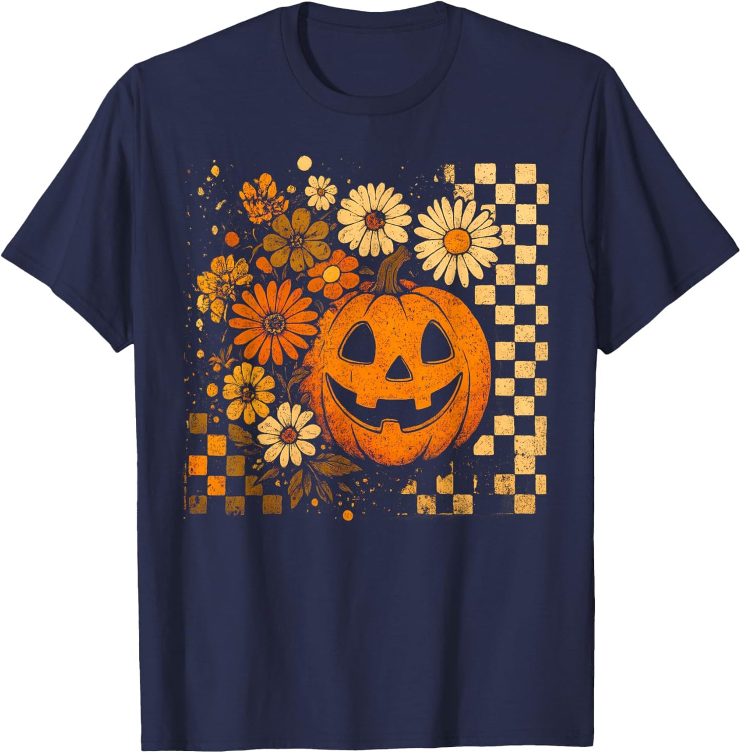 Retro Pumpkin Sunflower Daisy Thanksgiving Halloween Fall T-Shirt - T-Shirt | Navy