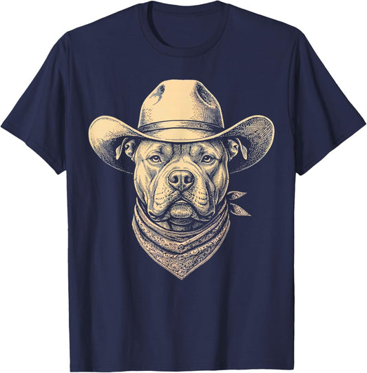Cowboy Hat Vintage American Bully Dog Retro Western T-Shirt - T-Shirt | Navy