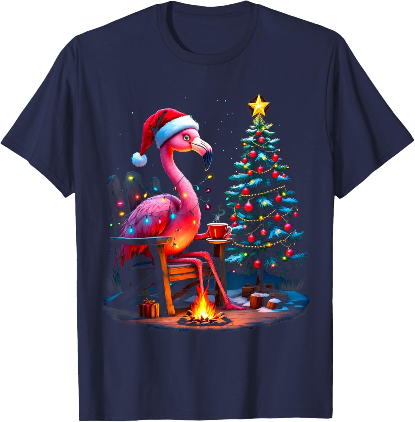 Funny Christmas Flamingo Santa Lights Winter Men Women Kids T-Shirt - T-Shirt | Navy