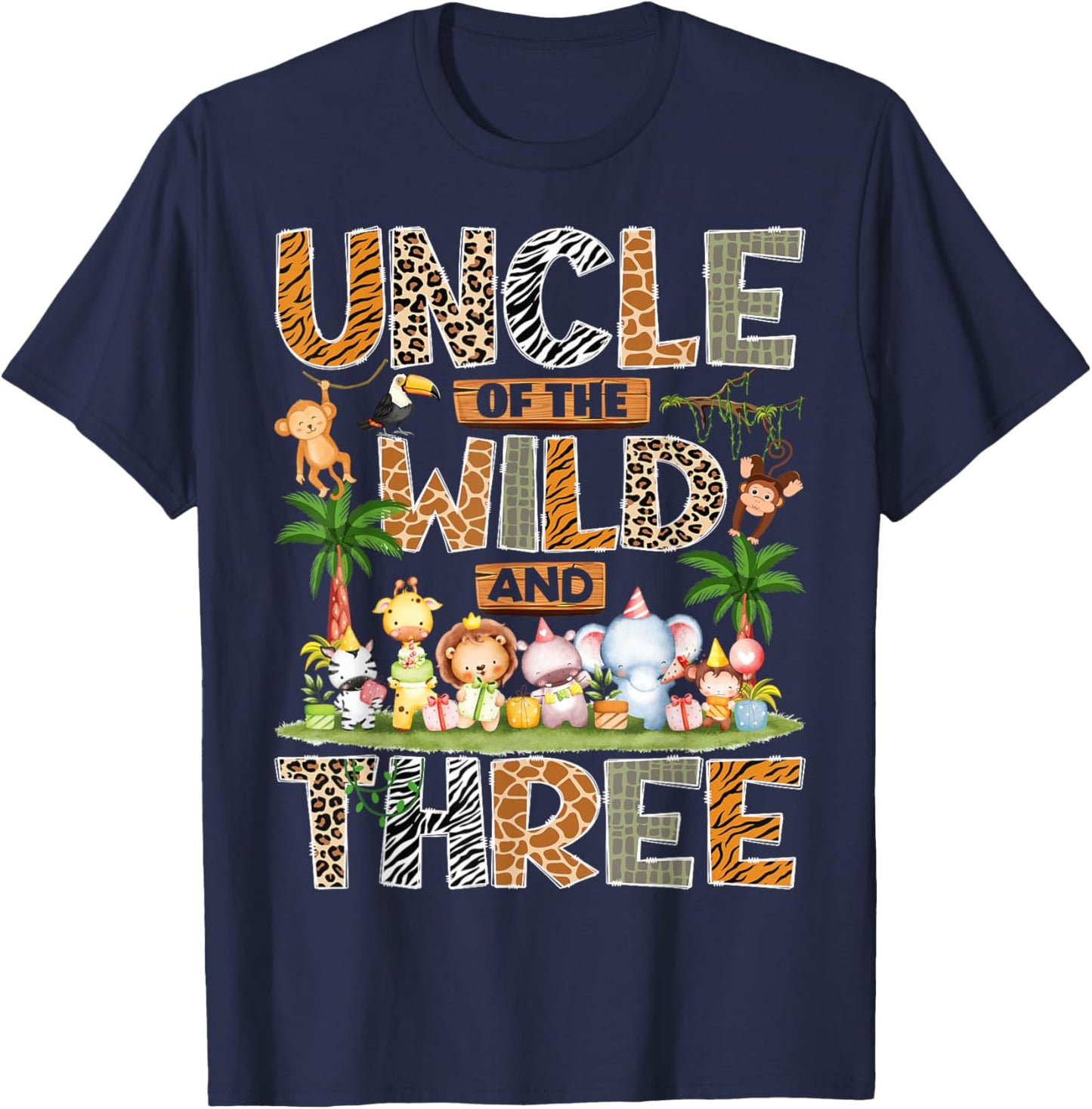 Uncle of The Wild & Three 3rd Birthday Boy Safari Jungle T-Shirt - T-Shirt | Navy