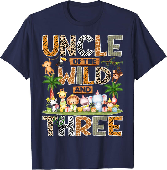 Uncle of The Wild & Three 3rd Birthday Boy Safari Jungle T-Shirt - T-Shirt | Navy