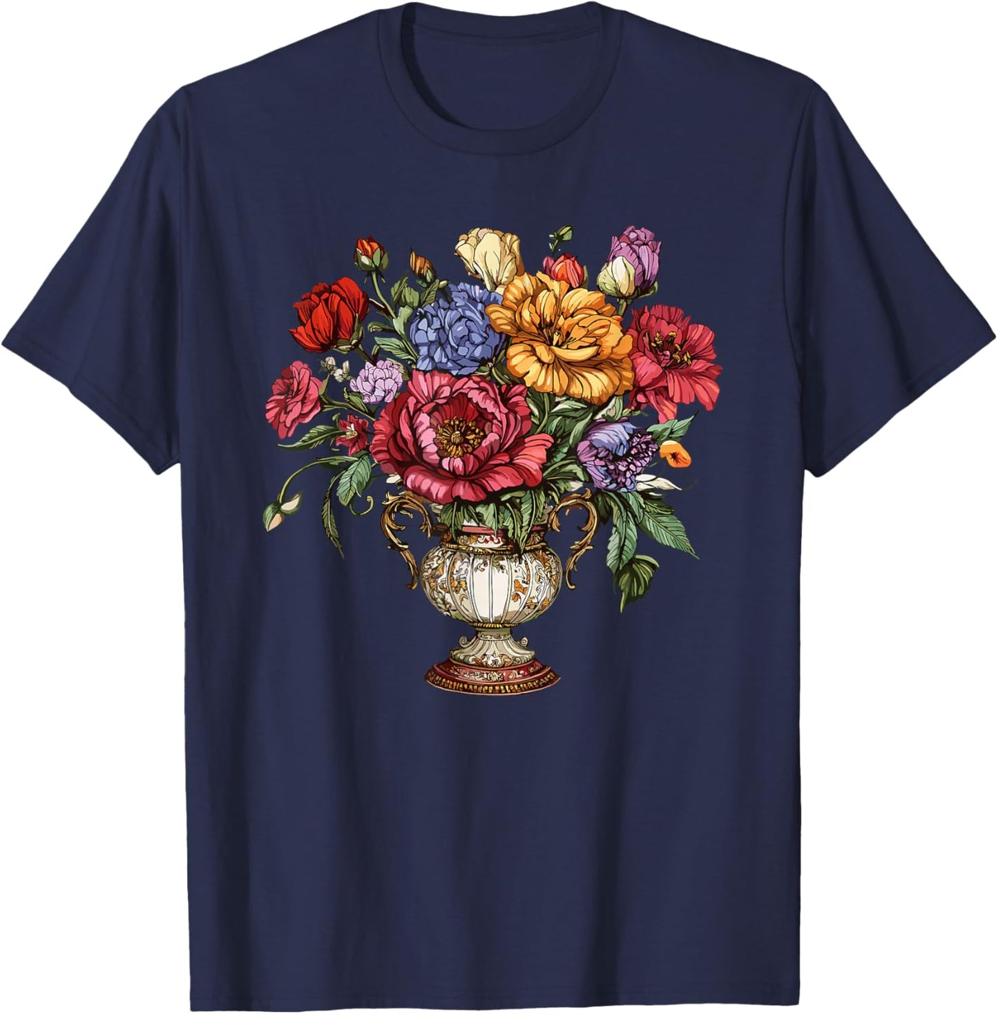 Victorian Floral Vase Elegant Bouquet Garden Flowers T-Shirt - T-Shirt | Navy