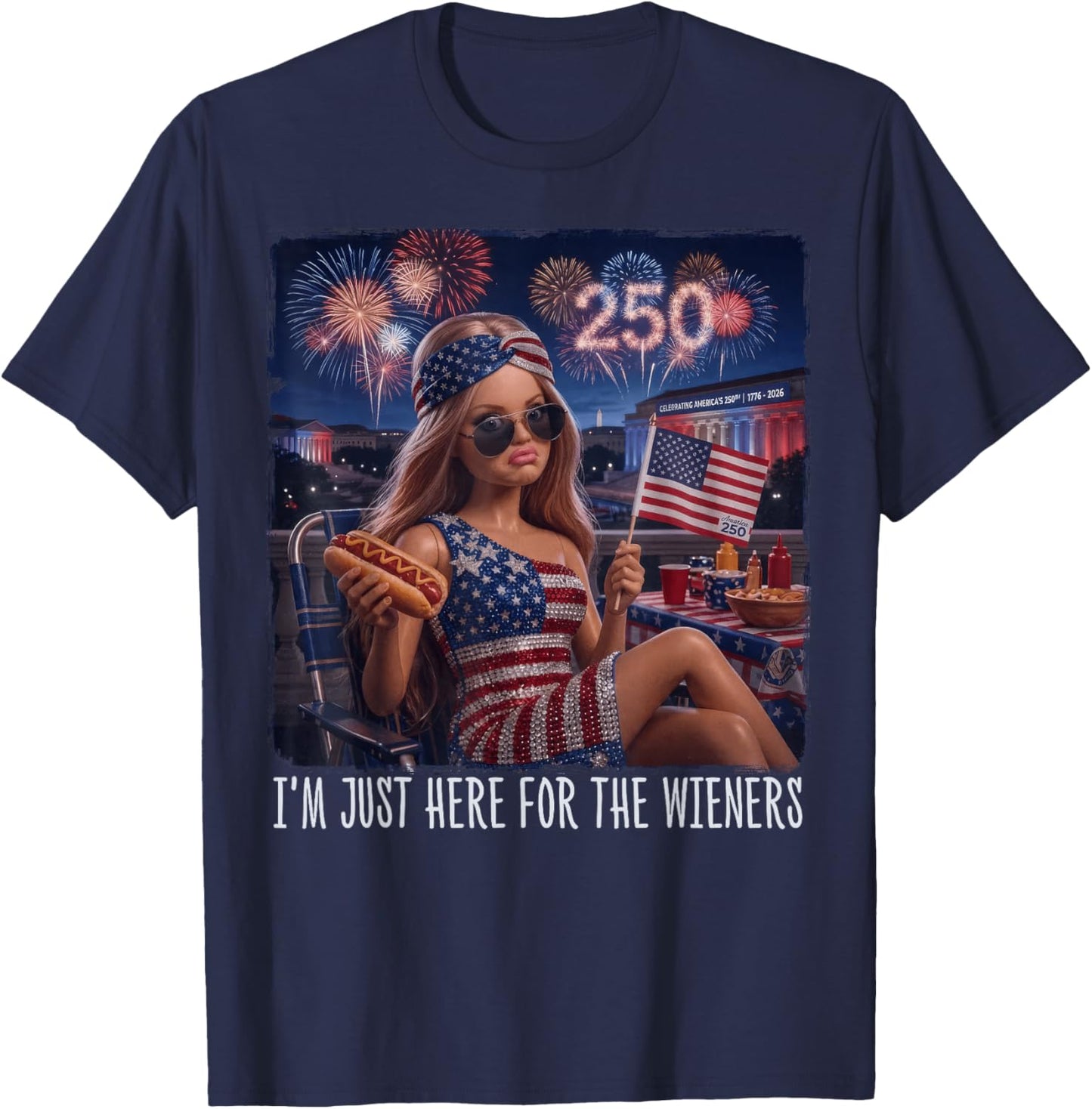 Just Here for The Wieners Funny 4th of July Girl Face Meme T-Shirt - T-Shirt | Navy