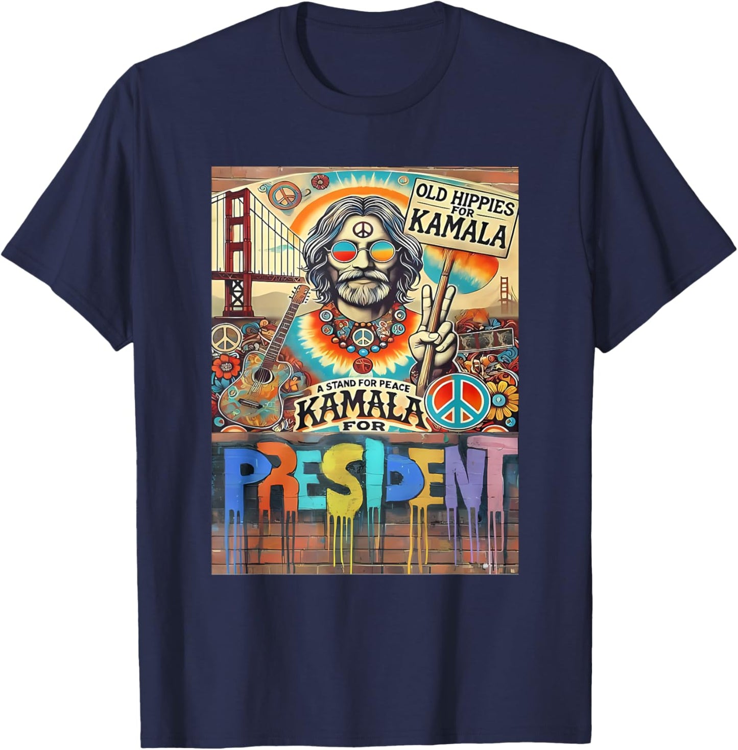 Old Hippies for Kamala 2024 Peace & Love Campaign T-Shirt - T-Shirt | Navy