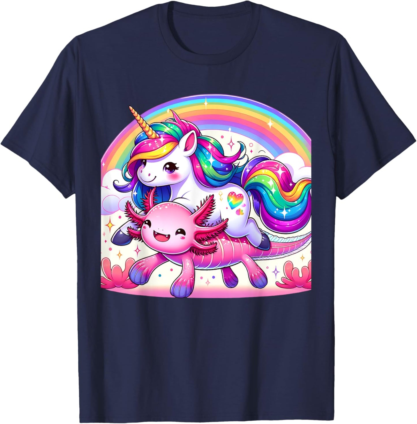 Unicorn Riding Axolotl Kawaii Kids Girls Boys Men Rainbow T-Shirt - T-Shirt | Navy