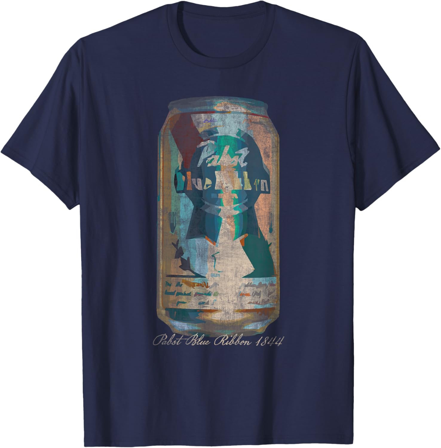 Pabst Blue Ribbon -Adults Painted Artwork PBR Beer Can , Black, Small, Short Sleeve, Classic Fit, Machine-Washable, Soft Fabric T-Shirt - T-Shirt | Navy