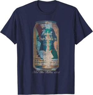 Pabst Blue Ribbon -Adults Painted Artwork PBR Beer Can , Black, Small, Short Sleeve, Classic Fit, Machine-Washable, Soft Fabric T-Shirt - T-Shirt | Navy