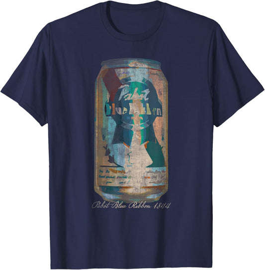 Pabst Blue Ribbon -Adults Painted Artwork PBR Beer Can , Black, Small, Short Sleeve, Classic Fit, Machine-Washable, Soft Fabric T-Shirt - T-Shirt | Navy