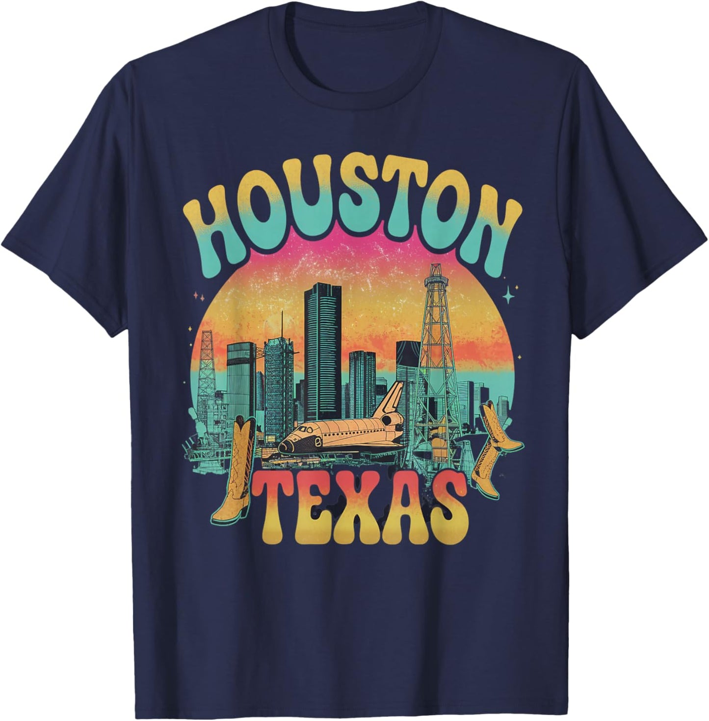 Retro Houston Texas Sunset Skyline Vintage T-Shirt - T-Shirt | Navy