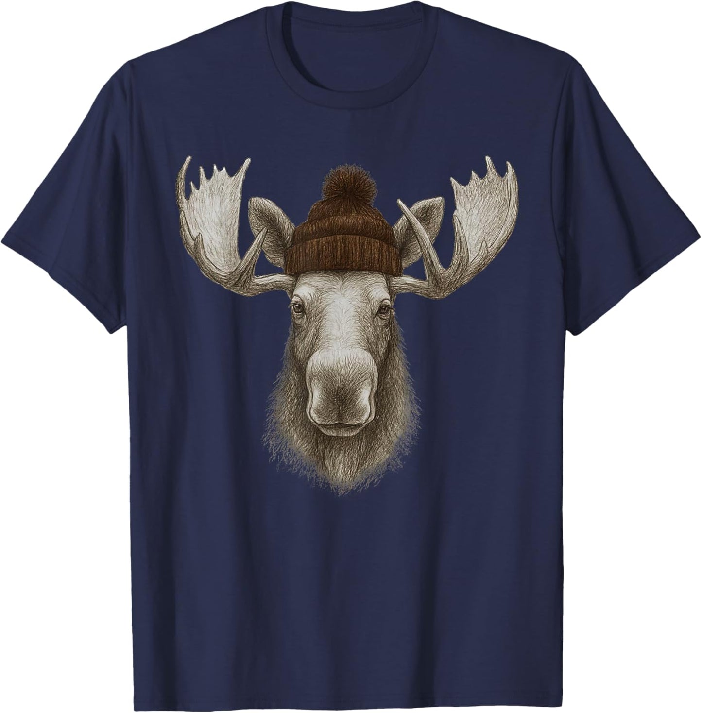 Retro 90s Cute Moose Wearing Beanie Mountain Camping Hiking T-Shirt - T-Shirt | Navy