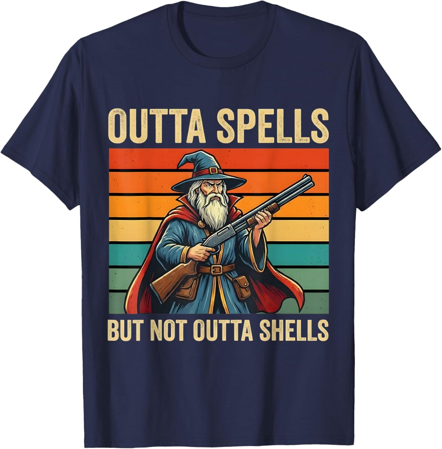 Outta Spells But Not Outta Shells Wizard Fantasy Meme Retro T-Shirt - T-Shirt | Navy