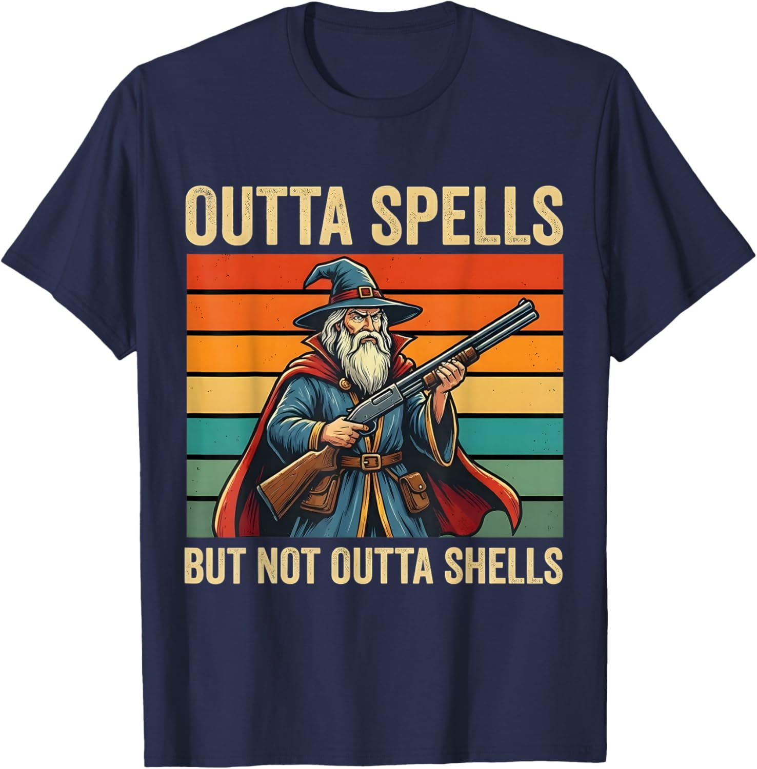 Outta Spells But Not Outta Shells Wizard Fantasy Meme Retro T-Shirt - T-Shirt | Navy