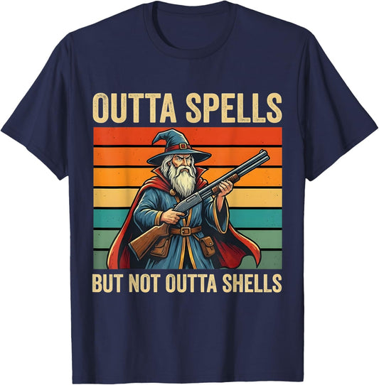 Outta Spells But Not Outta Shells Wizard Fantasy Meme Retro T-Shirt - T-Shirt | Navy