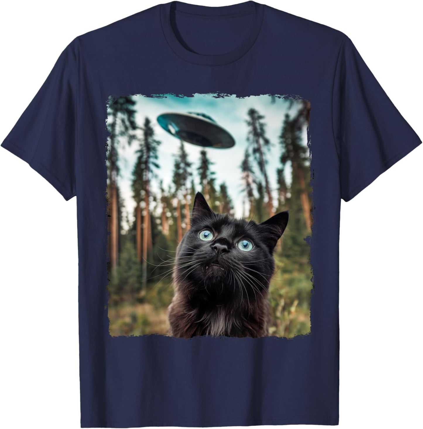 Black Cat Selfie With Alien UFO Cat Gifts Women Kid T-Shirt - T-Shirt | Navy