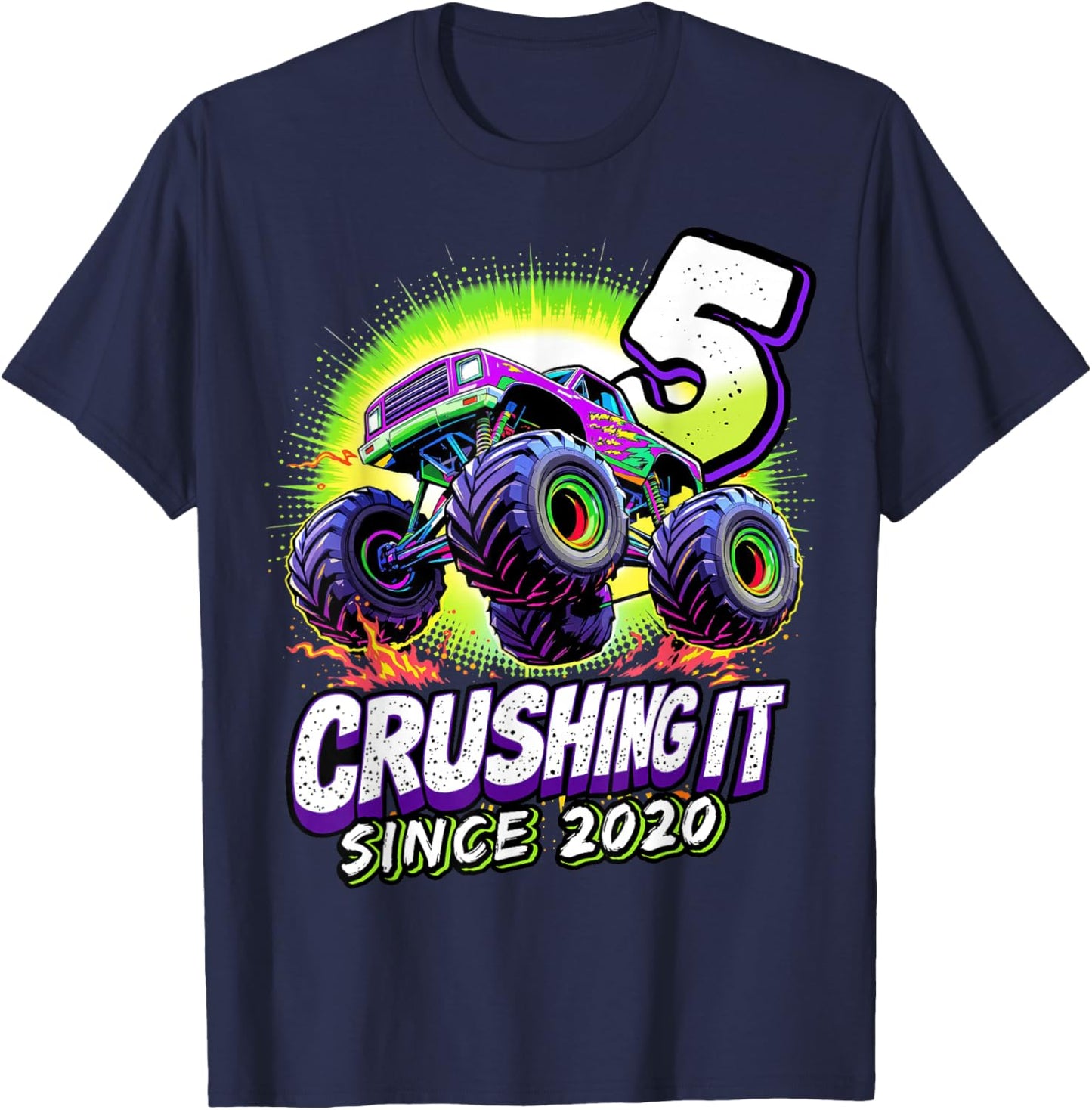 Birthday Monster Truck 5 year Old Boys 5th Party Born 2020 T-Shirt - T-Shirt | Navy