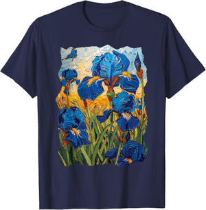 Starry Night Van Gogh Artistic Irises and Butterflies T-Shirt - T-Shirt | Navy