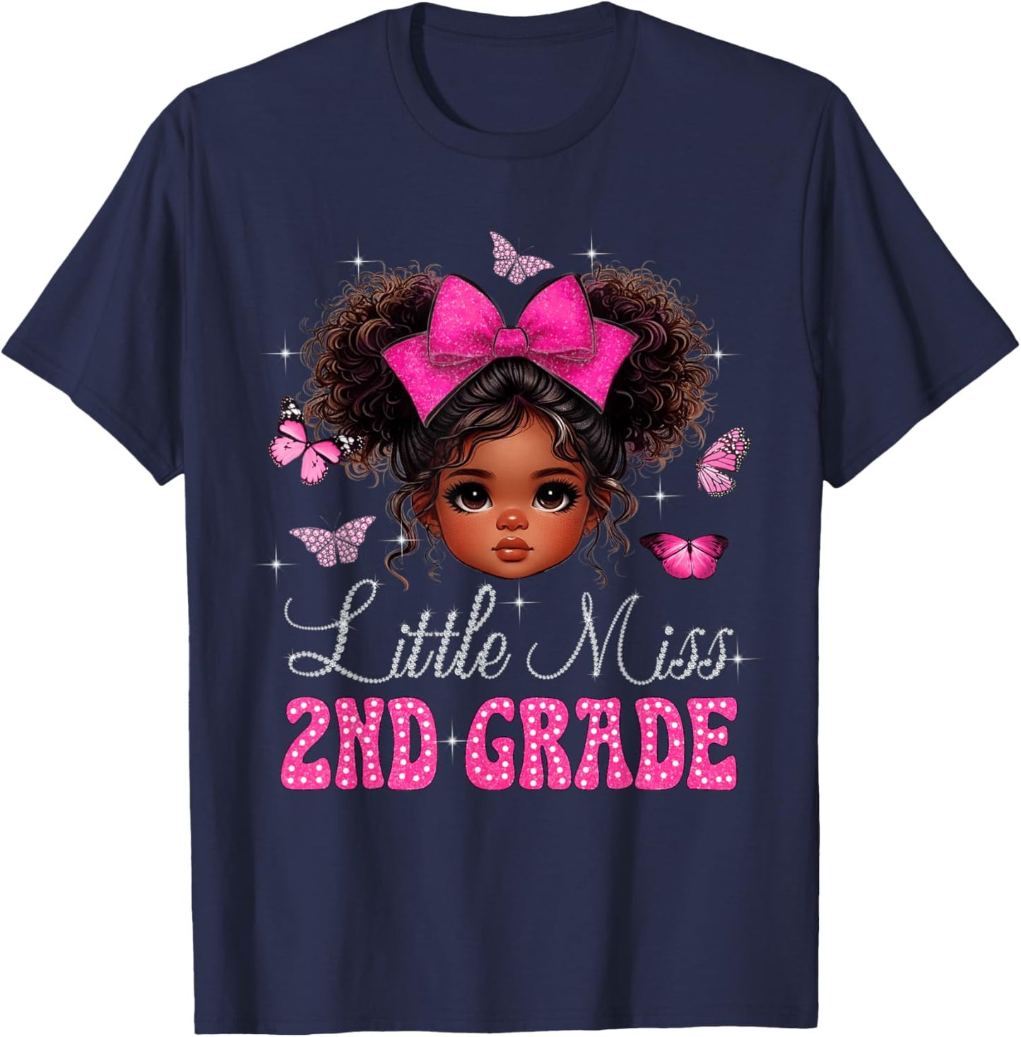 Little Miss 2nd Grade Messy Bun Black Girls Back To School T-Shirt - T-Shirt | Navy