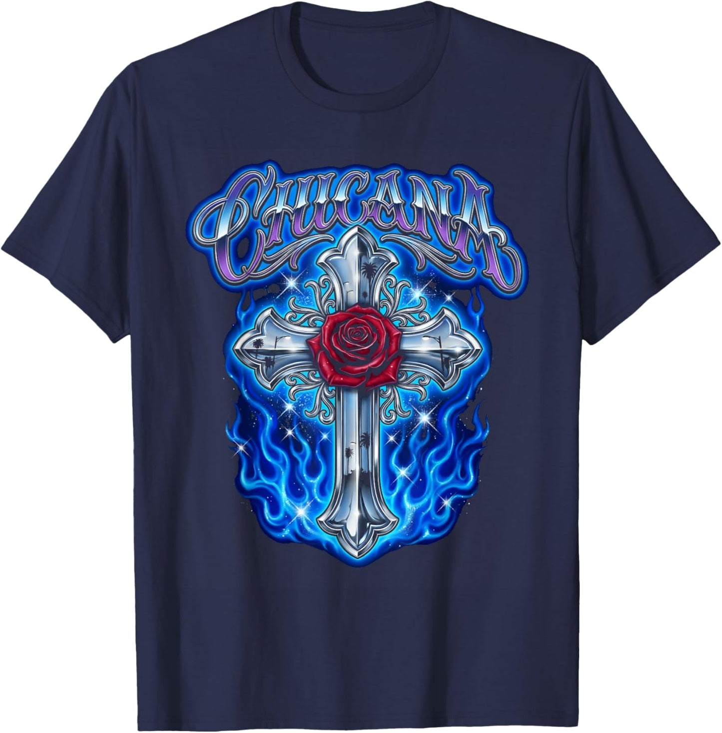 Chicana Lowrider Art Chrome Cross Rose Blue Flames T-Shirt - T-Shirt | Navy