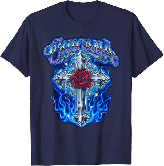 Chicana Lowrider Art Chrome Cross Rose Blue Flames T-Shirt - T-Shirt | Navy